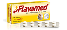 Opakowanie, blister i dwie tabletki Flavamed® 30 mg na mokry kaszel